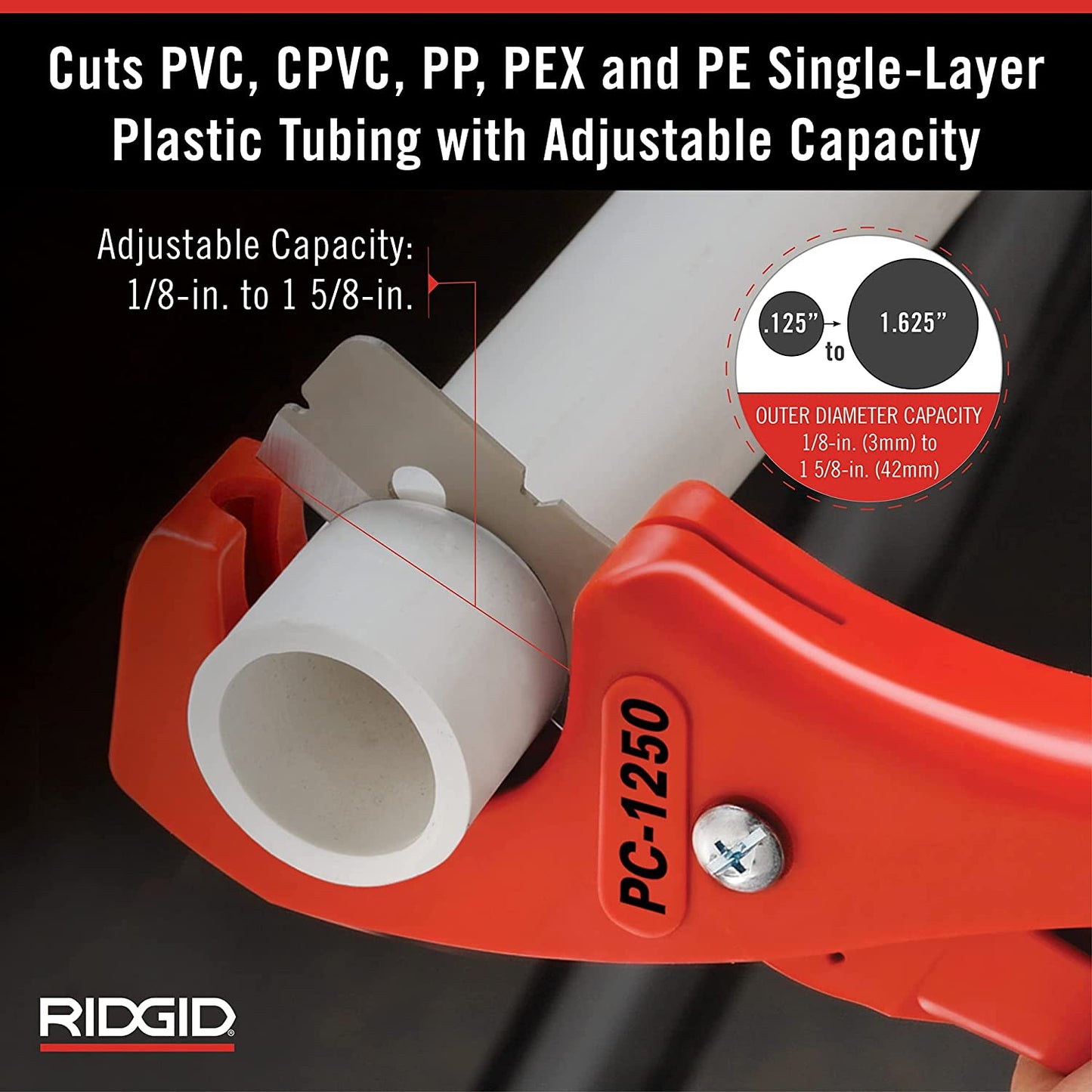 RIDGID 1/8 in. - 1-5/8 in. PC-1250 PEX and Vinyl Tubing Cutting Tool, Single Stroke Scissor Style Cut with Reversible Blade