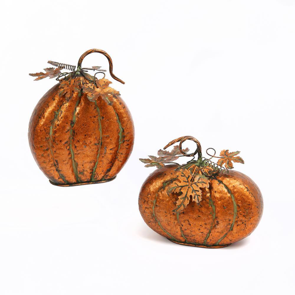 GERSON INTERNATIONAL Assorted 11.75 in. H Iron Harvest Tabletop Pumpkins with Leaf (Set of 2)