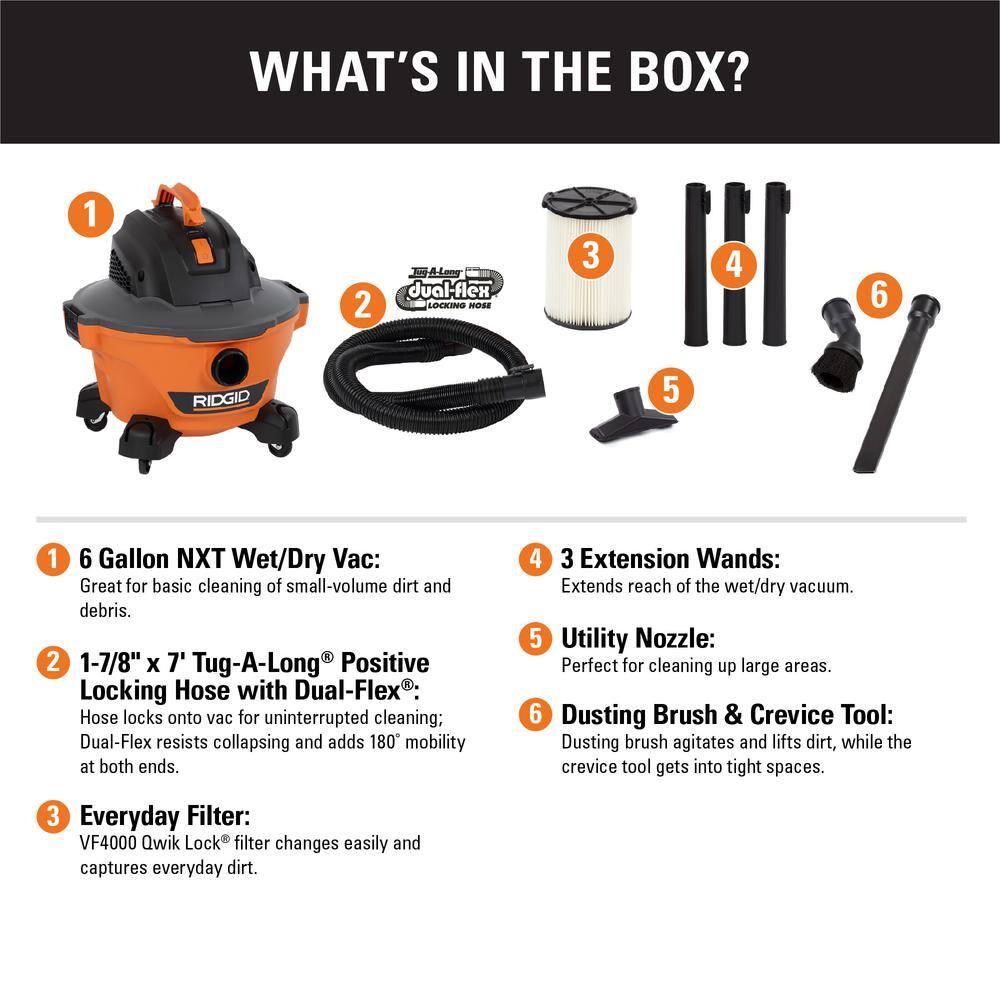 RIDGID 6 Gallon 3.5 Peak HP NXT Wet/Dry Shop Vacuum with Filter, Hose, Wands, Utility Nozzle, Crevice Tool and Dusting Brush