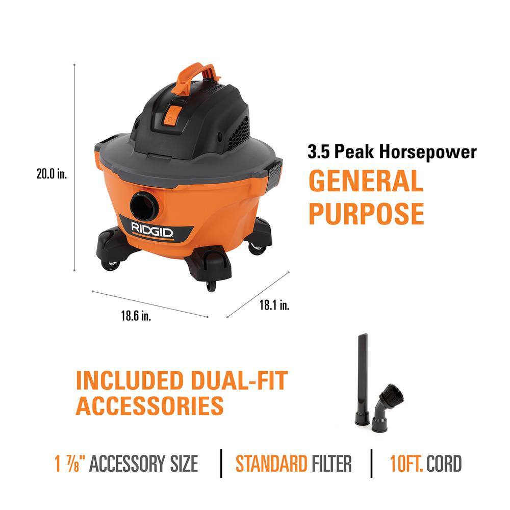 RIDGID 6 Gallon 3.5 Peak HP NXT Wet/Dry Shop Vacuum with Filter, Hose, Wands, Utility Nozzle, Crevice Tool and Dusting Brush