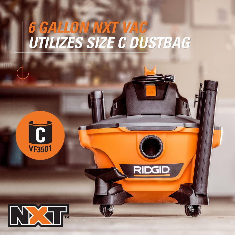 RIDGID 6 Gallon 3.5 Peak HP NXT Wet/Dry Shop Vacuum with Filter, Hose, Wands, Utility Nozzle, Crevice Tool and Dusting Brush