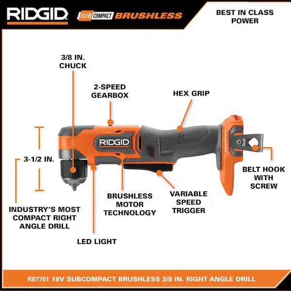 RIDGID 18V SubCompact Brushless Cordless 3/8 in. Right Angle Drill (Tool Only)