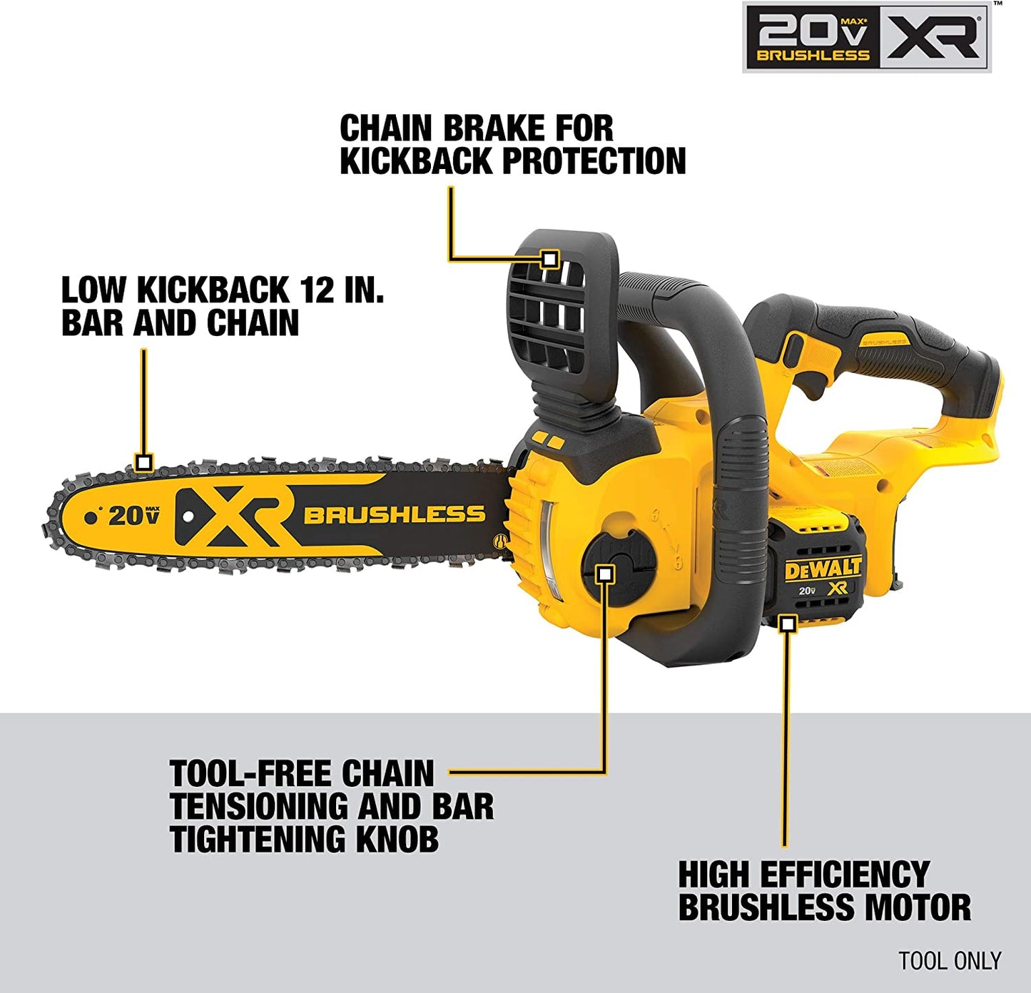 DEWALT 20V MAX 12in. Brushless Battery Powered Chainsaw, Tool Only
