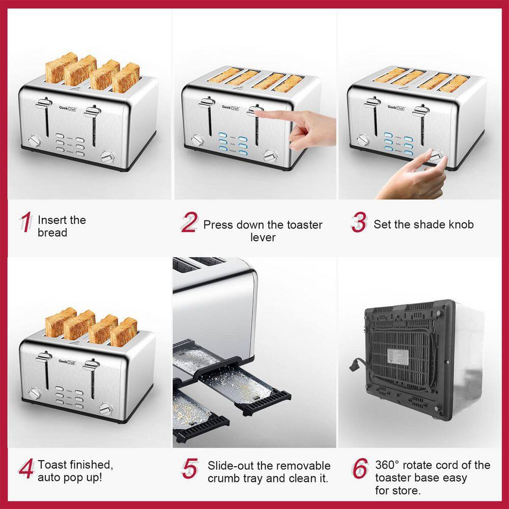 4-Slice Silver Stainless Steel Extra-Wide Slot Toaster with Dual Control Function
