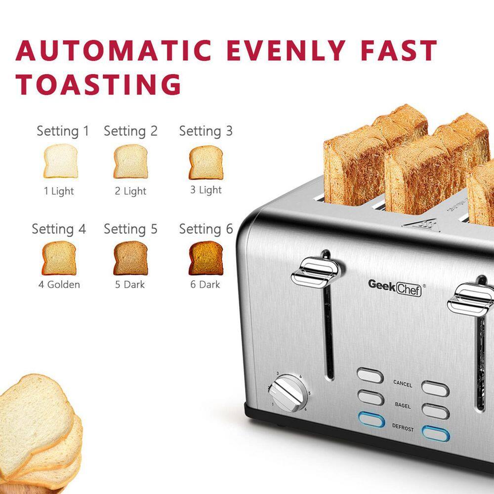 4-Slice Silver Stainless Steel Extra-Wide Slot Toaster with Dual Control Function