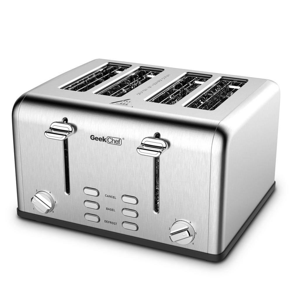 4-Slice Silver Stainless Steel Extra-Wide Slot Toaster with Dual Control Function