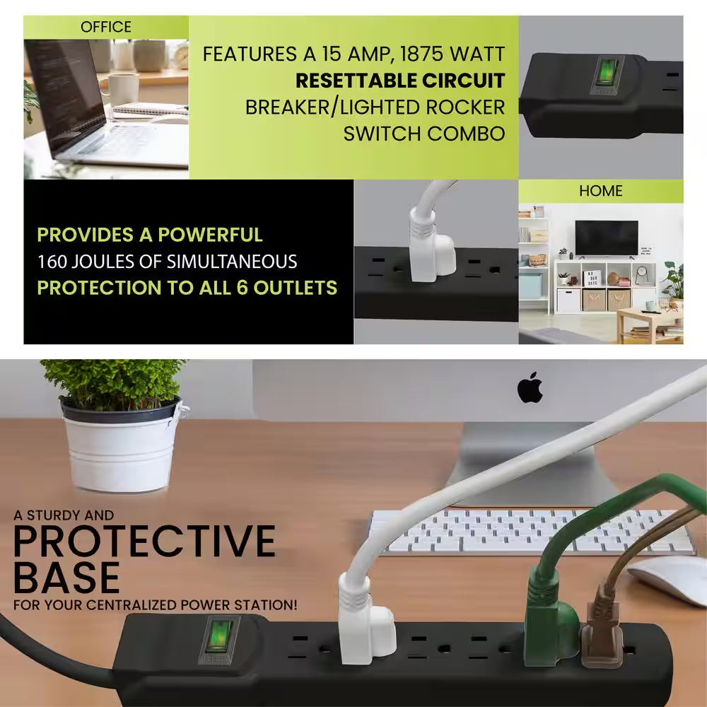 6 Outlet Surge Protector with 3 Ft. Heavy Duty Cord - Black