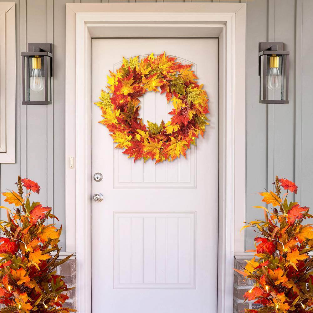 Glitzhome 24 in. Dia Fall Lighted Maple Leaves Artificial Fall Wreath