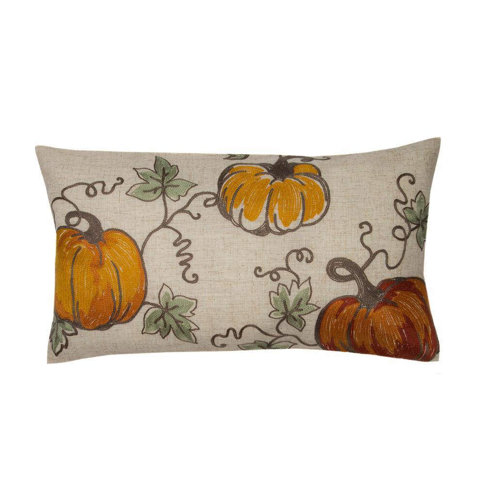 Manor Luxe 12 in. x 20 in. Rustic Pumpkin Crewel Embroidered Fall Pillow