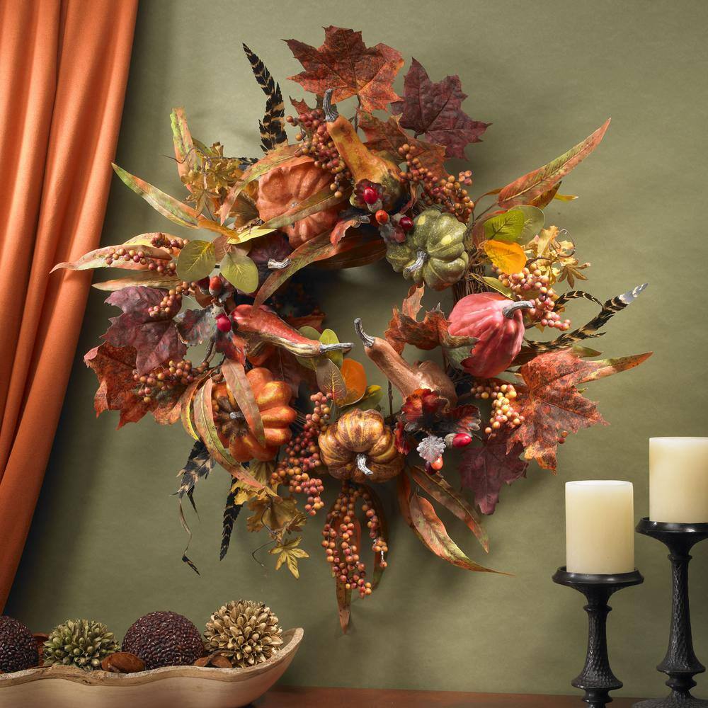 Nearly Natural 24in. Artificial Wreath with Pumpkins, Berries, and Maple Leaves