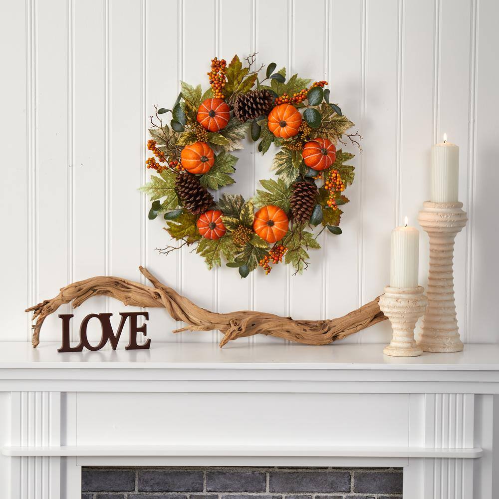 Nearly Natural 24 in. Fall Pumpkins, Pine Cones and Berries Artificial Wreath
