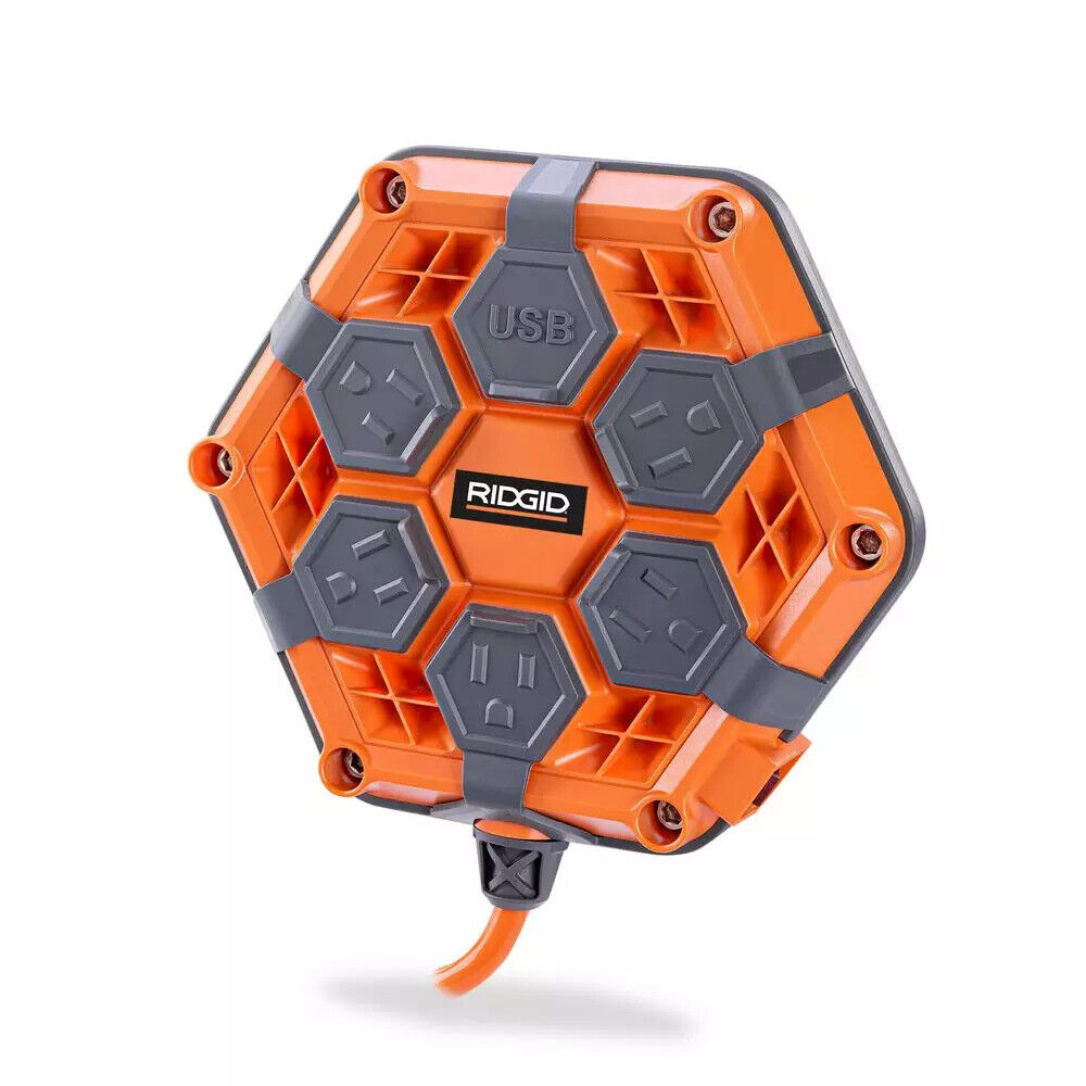RIDGID 8 ft. Cord 5-Outlet 2 USB-A Power Hub