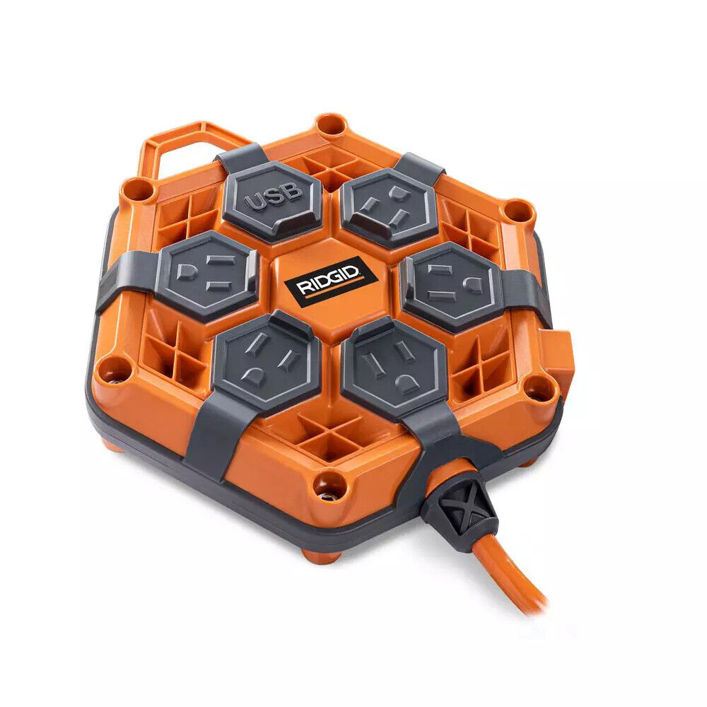 RIDGID 8 ft. Cord 5-Outlet 2 USB-A Power Hub