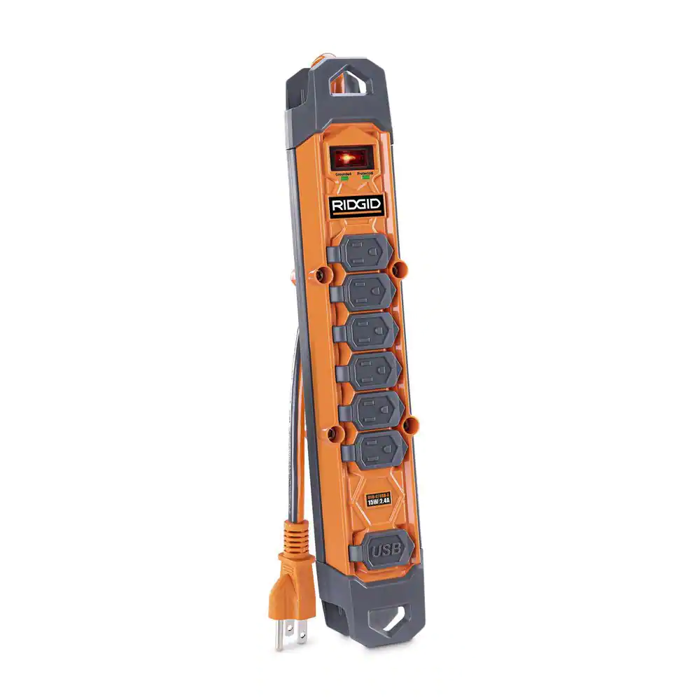 RIDGID 8 ft. Cord 6-Outlet, 2.4 Amp USB-A, 15-Watt USB-C, 2100J Surge Protector