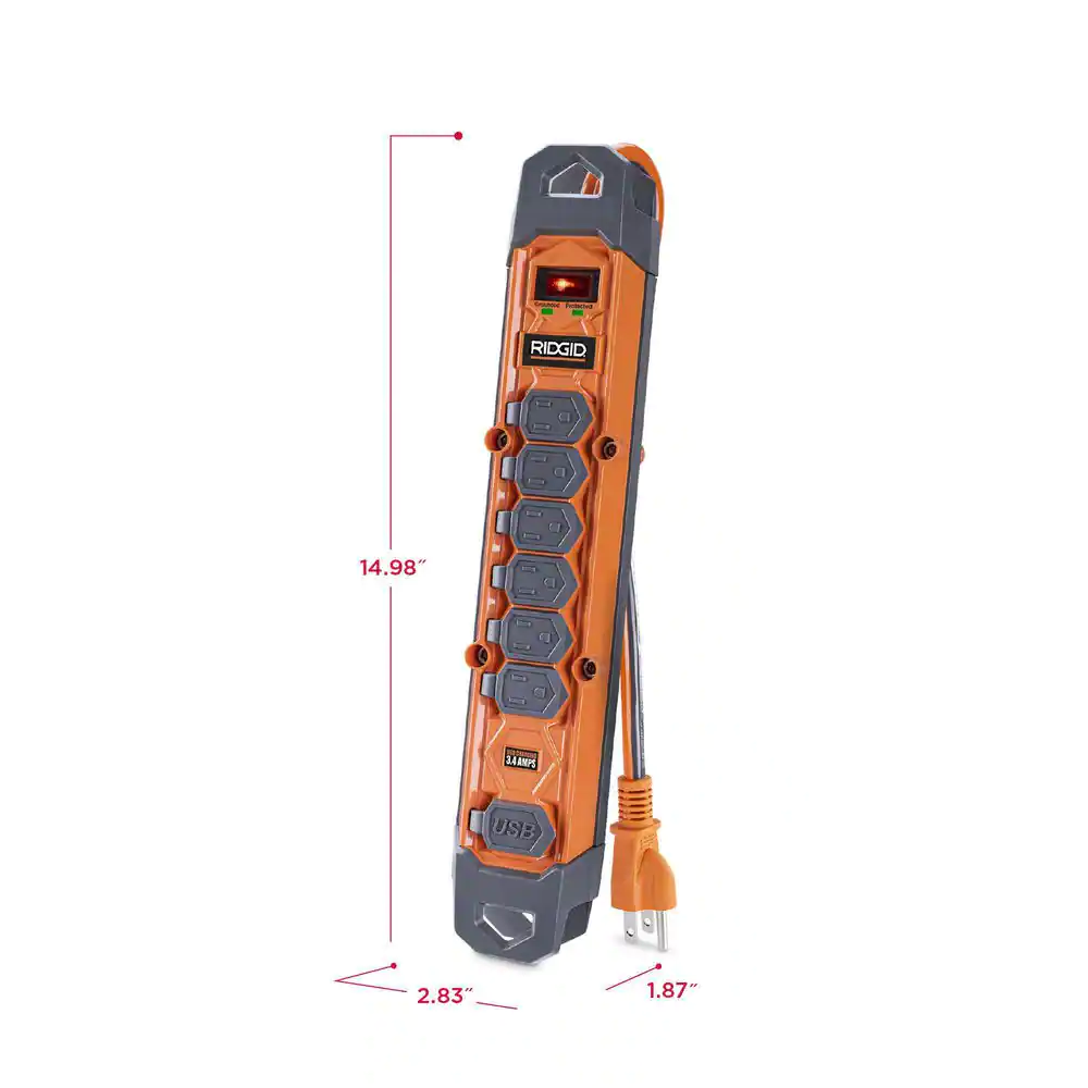 RIDGID 8 ft. Cord 6-Outlet, 2.4 Amp USB-A, 15-Watt USB-C, 2100J Surge Protector