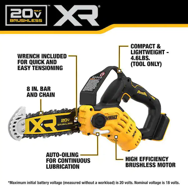 DEWALT 8 in. 20-Volt Pruning Electric Battery Chainsaw (Tool Only)