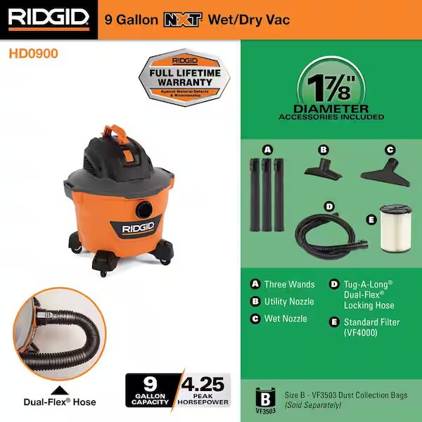 RIDGID 9 Gallon 4.25 Peak HP NXT Wet/Dry Shop Vacuum with Filter, Locking Hose and Accessories