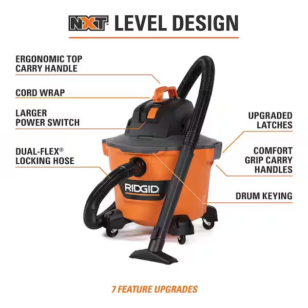 RIDGID 9 Gallon 4.25 Peak HP NXT Wet/Dry Shop Vacuum with Filter, Locking Hose and Accessories