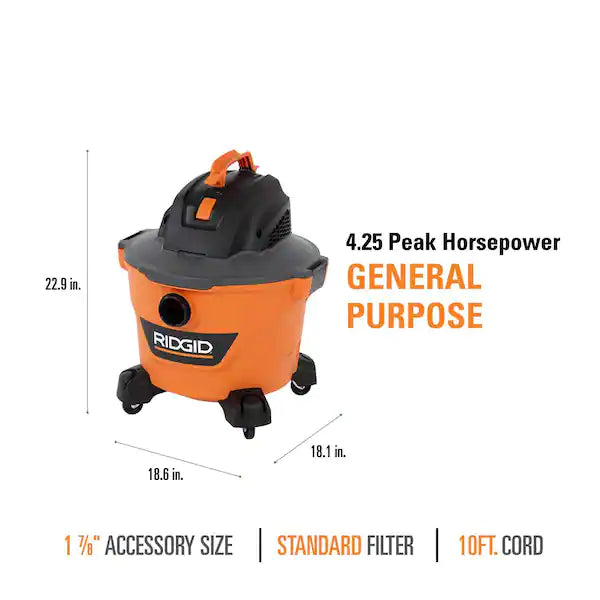 RIDGID 9 Gallon 4.25 Peak HP NXT Wet/Dry Shop Vacuum with Filter, Locking Hose and Accessories