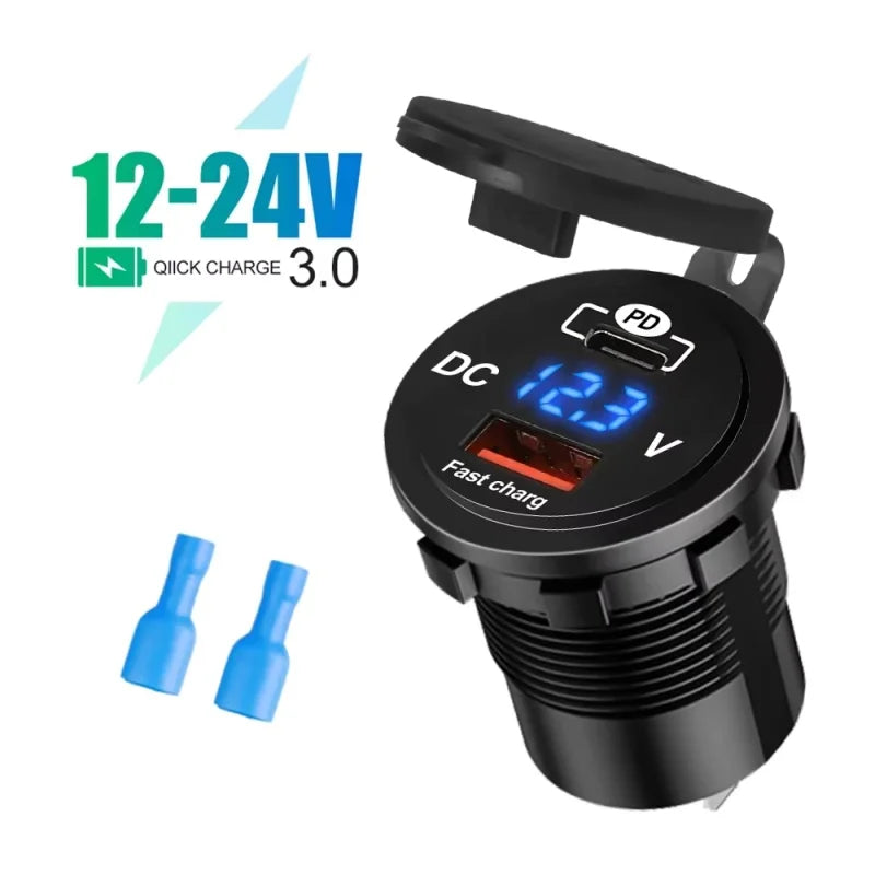 1SET 60W PD QC3.0 Car Charger Socket with Voltage Meter Quick Charge 3.0 Socket Power Outlet for 12V/24V Motorcycle Truck Boat