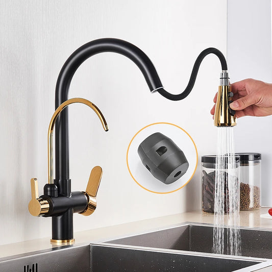 Black and Golden Filtered Crane For Kitchen Pull Out Sprayer drinking water Three Ways Water Filter Tap Kitchen Faucet hot cold