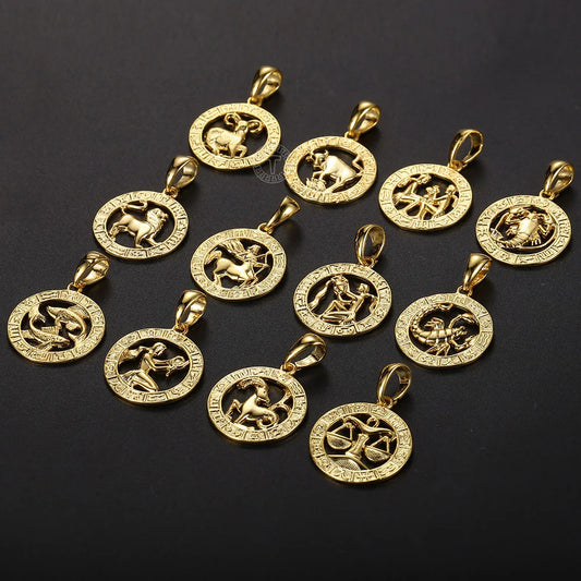 Men's Women's 12 Horoscope Zodiac Sign Gold Color Pendant Necklace Aries Leo Wholesale 12 Constellations Jewelry GPM24