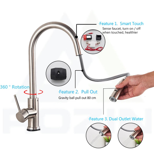 Rozin Smart Touch Kitchen Faucet Brushed Gold Pull Out Sensor Faucets Black/Nickel 360 Rotation Crane 2 Outlet Water Mixer Taps