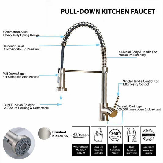 Brushed Nickel Spring Pull Down Kitchen Faucets Stream Spray Head Hot Cold Water Tap Brass Rotation Kitchen Mixer Tap Crane