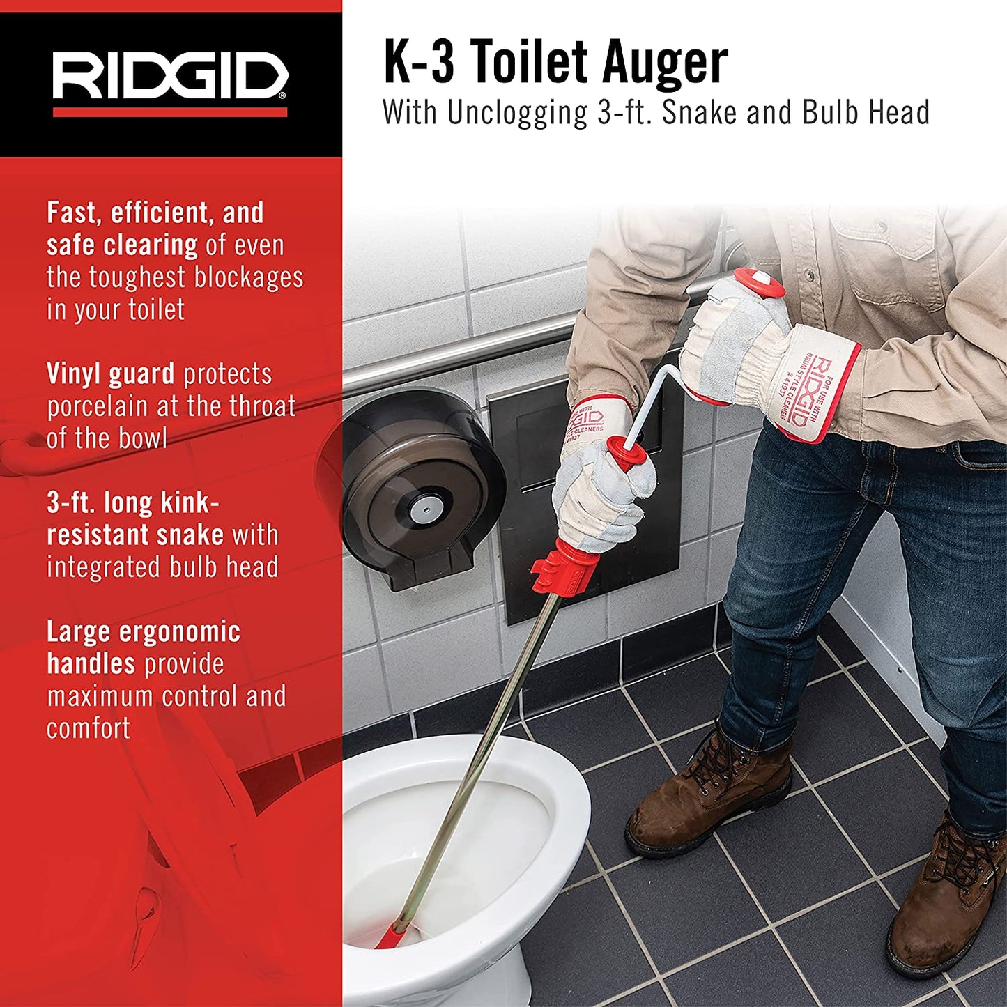RIDGID K-3 Ultra Flexible Toilet Auger with Unclogging 3 ft. Snake and Integrated Bulb Head, Plumbing Toilet Snake for Drain