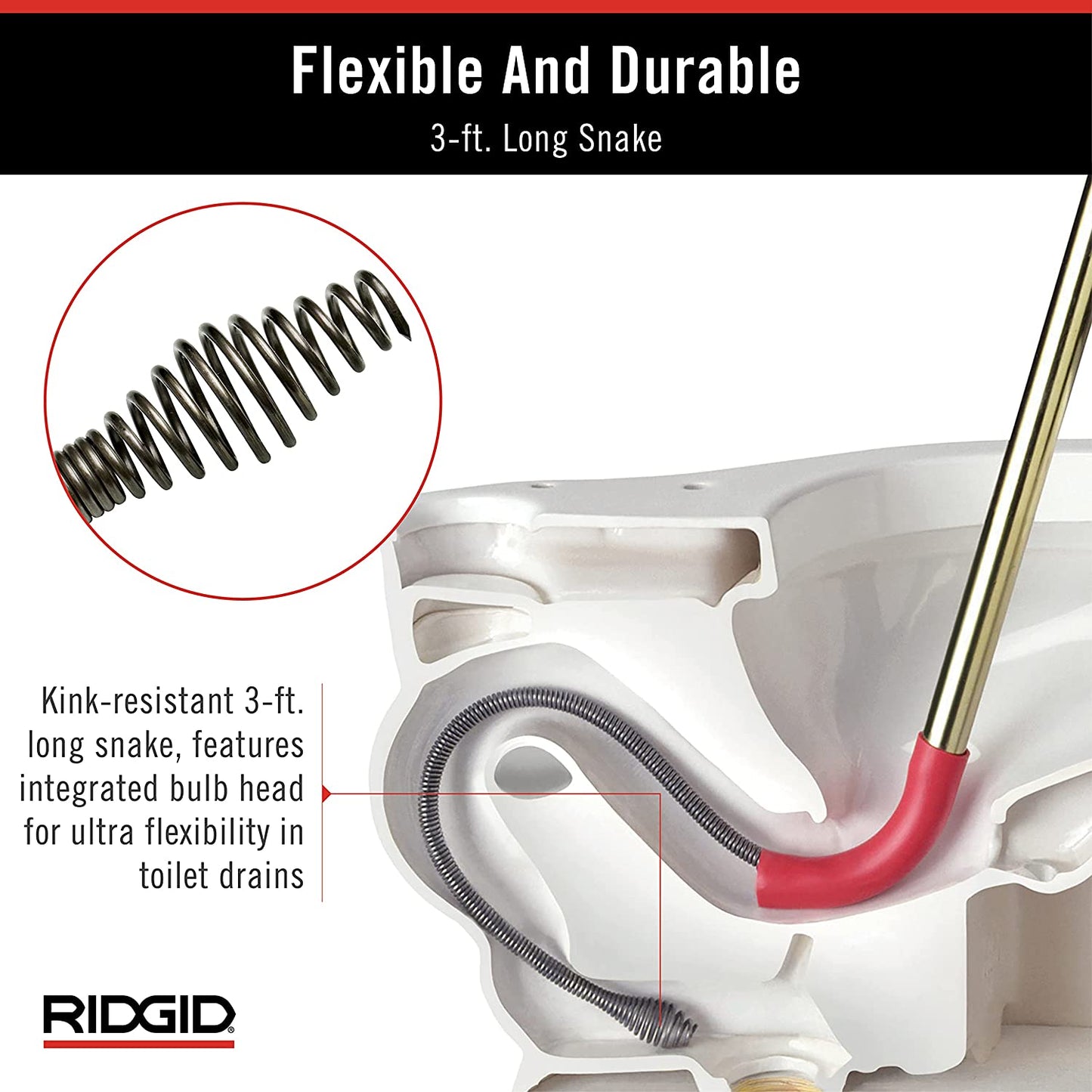 RIDGID K-3 Ultra Flexible Toilet Auger with Unclogging 3 ft. Snake and Integrated Bulb Head, Plumbing Toilet Snake for Drain