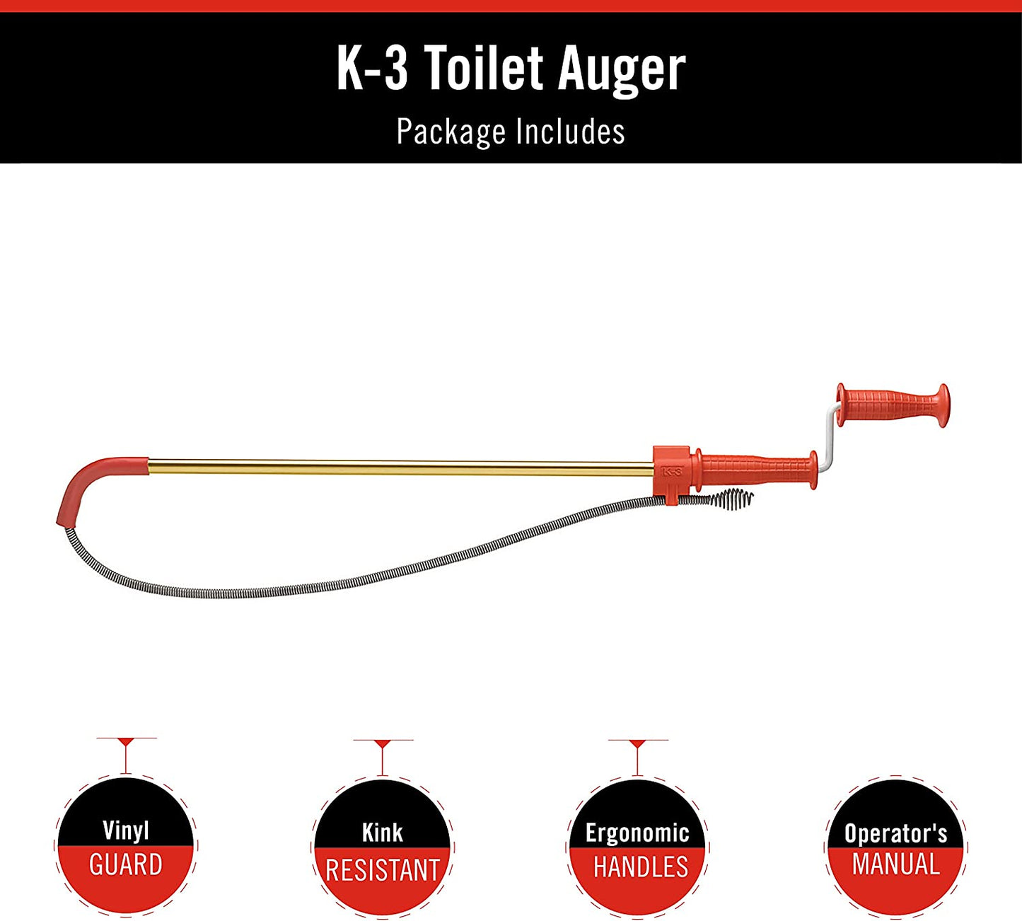 RIDGID K-3 Ultra Flexible Toilet Auger with Unclogging 3 ft. Snake and Integrated Bulb Head, Plumbing Toilet Snake for Drain