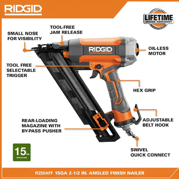 RIDGID  Pneumatic 15-Gauge 2-1/2 in. Angled Finish Nailer with CLEAN DRIVE Technology, Tool Bag, and Sample Nails