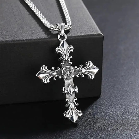 Fashion Metal Chain Necklace Jewelry for Men Women Unisex Vintage Silver Color Cross Pendant Necklace Punk Gothic Pendant