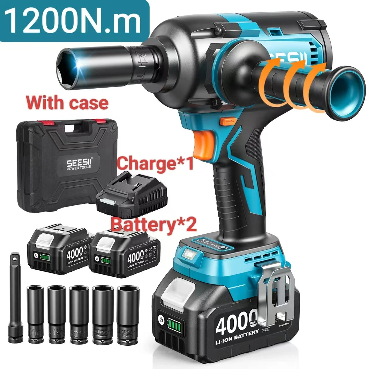 SEESII 1600Nm Cordless Impact Wrench with Handle 1/2" WH12 & WH16 High Torque Brushless Electric Impact Gun Kit with 4.0Ah Battery Heavy-Duty