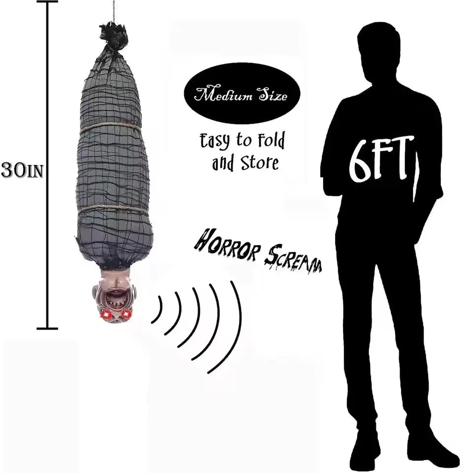 2.46 Ft Halloween Hanging Animated Corpse With LED Light Up Eyes Talking & Shaking Scary Ghost Sound Effect For Halloween Decor