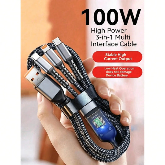 100W 3-In-1 Charging Cable With Smart Voltage Regulator Chip And Power Indicator Light, Can Simultaneously Charge Type-C And Micro USB Devices, Suitable For IPhone 17/16, And Digital Devices, Ideal For Car Use
