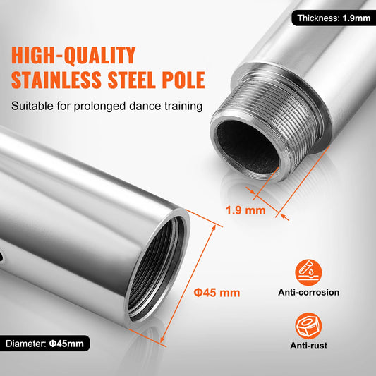 SucceBuy Professional Dancing Pole Spinning Static Dancing Pole Kit Portable Removable Pole 45mm Heavy-Duty Stainless Steel Pole