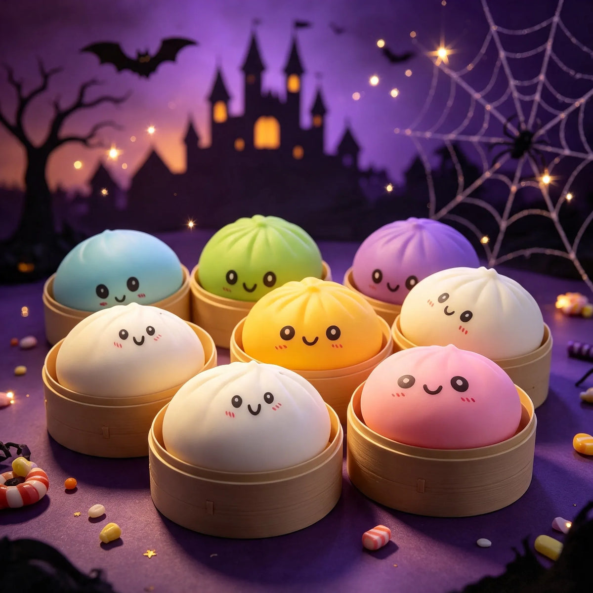 Halloween Bun Set of 18 (6 Buns+6 Steamers+6 Steamer Lids), a portable tabletop travel decompression toy, cute collectibles and trick or treat bag fillers, a great choice for party gifts