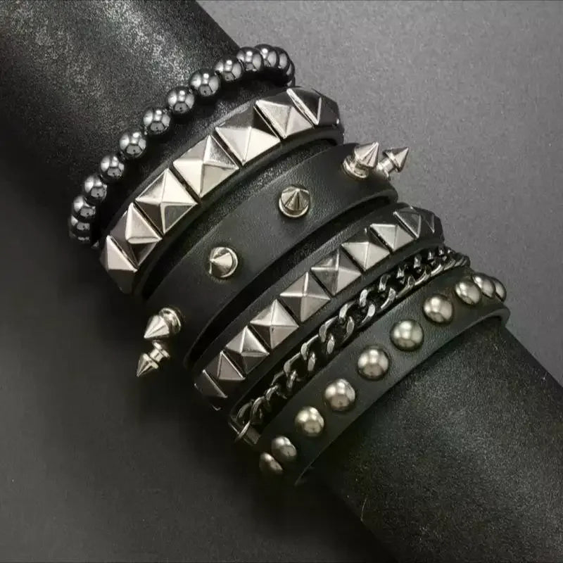 Emo Y2K Indie Grunge Studs Spiked Bracelet Goth Jewelry Accessories for Cool Rocker Skater Biker, 4 Pieces Men Punk Black PU Leather Cuff Bracelets Set
