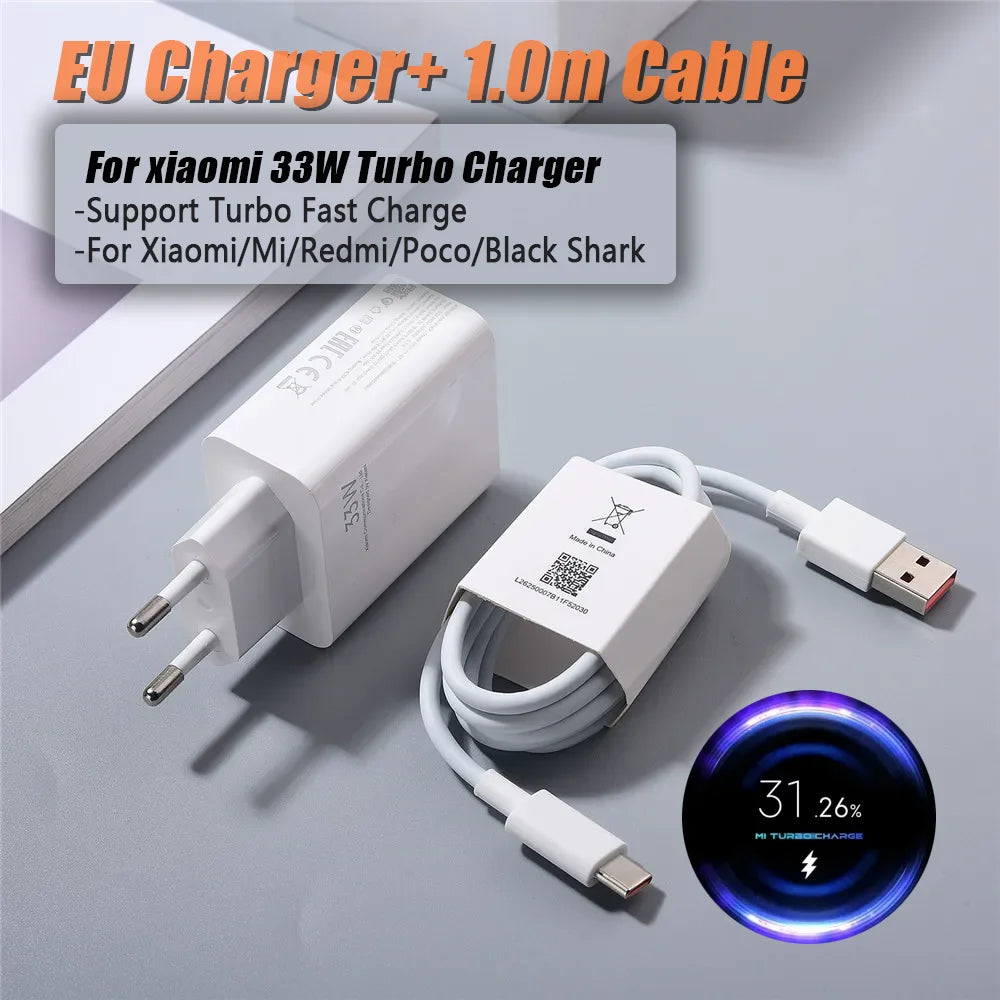 Original Xiaomi 33W EU US Charger Turbo Fast Charge 1M 6A Usb Type C Cable For Poco X5 X4 M5S X3 Pro Redmi Note 12 13 12R