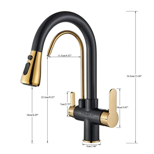 Matte Black Pure Water Kitchen Faucet Dual Handle Hot and Cold Drinking Water Pull Out Kitchen Mixer Taps Deck Mounted Crane