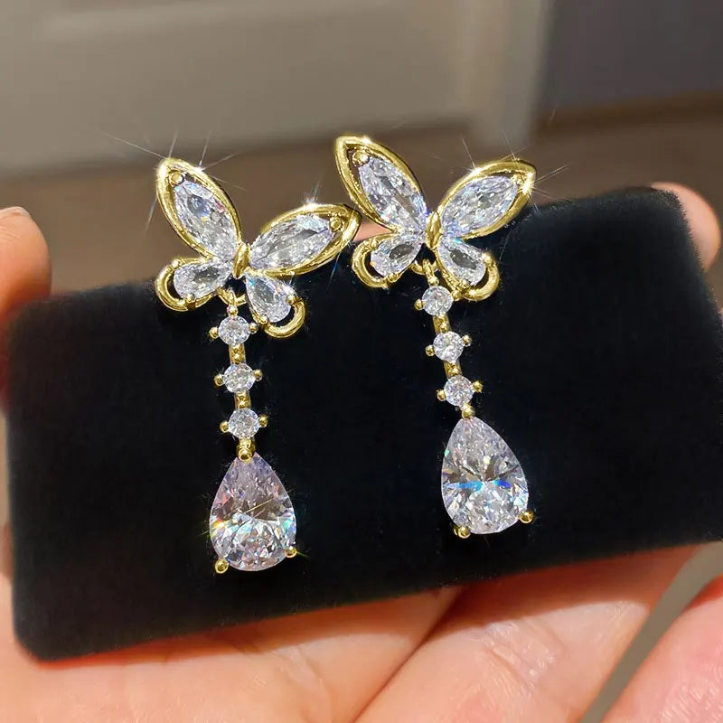 OXTAO Sweet Butterfly-Style Moissanite&CZ Earrings for Women Girl Lab Imitation Diamond Tassels Drop Earrings Jewelry Gifts 14K Gold Filled