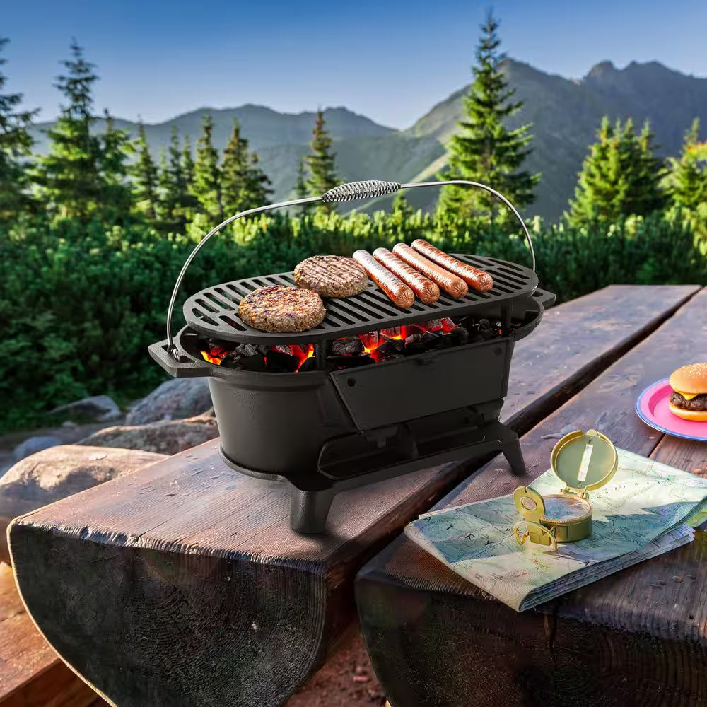 Oval Cast Iron Portable Hibachi Grill for Outdoor Use and Camping in Black