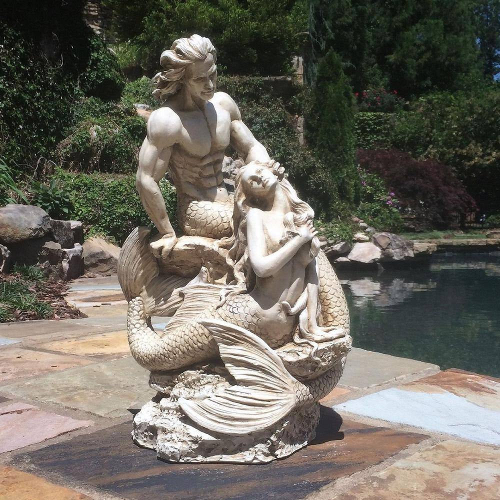 18 In. Sexy Merman and Mermaid on the Rocks Nautical Beach Statue Antique White