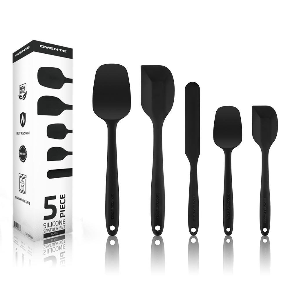 OVENTE Black Non-Stick Silicone Spatula Set with Heat Resistant & Stainless Steel Core, Set of 5