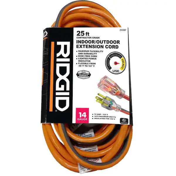RIDGID 25 ft. 14/3 Heavy-Duty Contractor-Grade Indoor/Outdoor Extension Cord, Orange and Gray