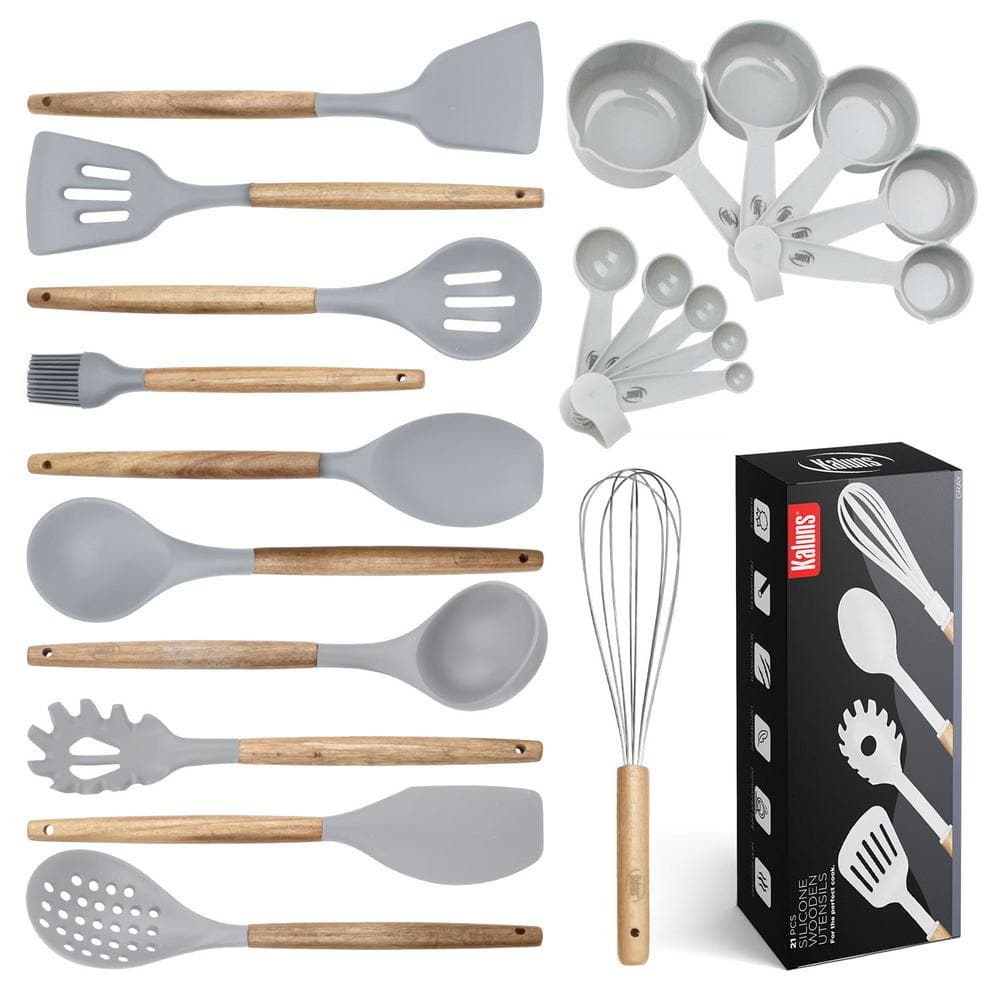 Kaluns Gray Utensils Wood And Silicone Cooking Utensil Set (Set of 21)
