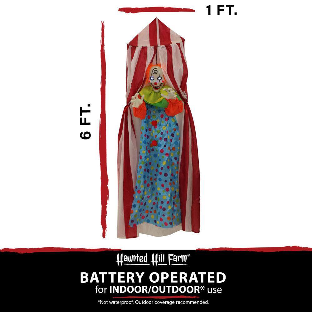 Haunted Hill Farm 72 in. Battery Operated Poseable Hanging Clown with Blue LED Eyes Halloween Prop