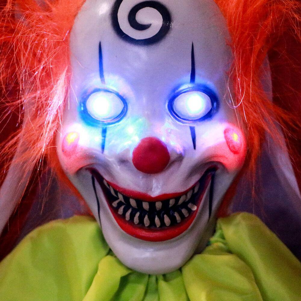 Haunted Hill Farm 72 in. Battery Operated Poseable Hanging Clown with Blue LED Eyes Halloween Prop