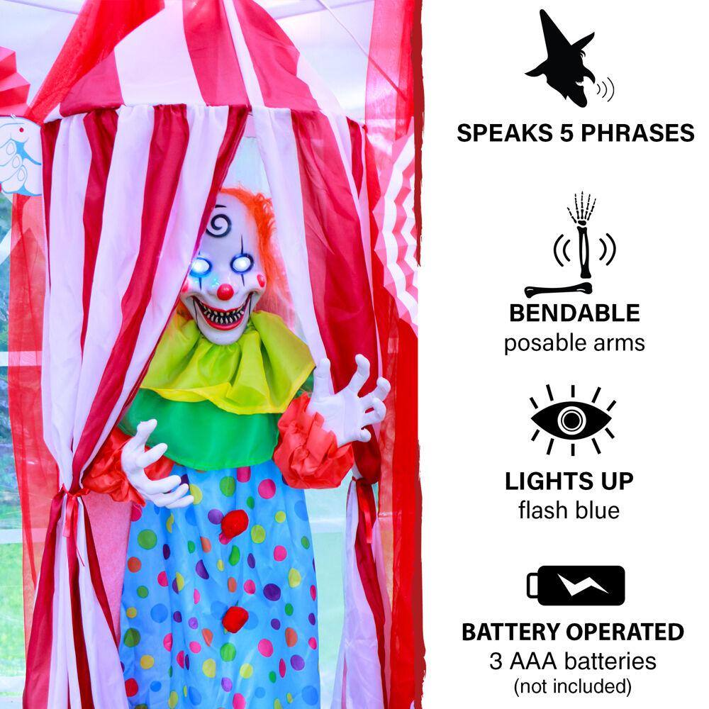 Haunted Hill Farm 72 in. Battery Operated Poseable Hanging Clown with Blue LED Eyes Halloween Prop